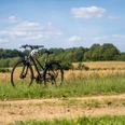 Fahrrad auf Feld Ein Fahrrad steht an einem Feldrand.