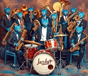 Illustration einer Band bestehend aus blauen Katzen in Anzügen, die verschiedene Musikinstrumente festhalten.