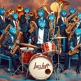 Illustration einer Band bestehend aus blauen Katzen in Anzügen, die verschiedene Musikinstrumente festhalten.