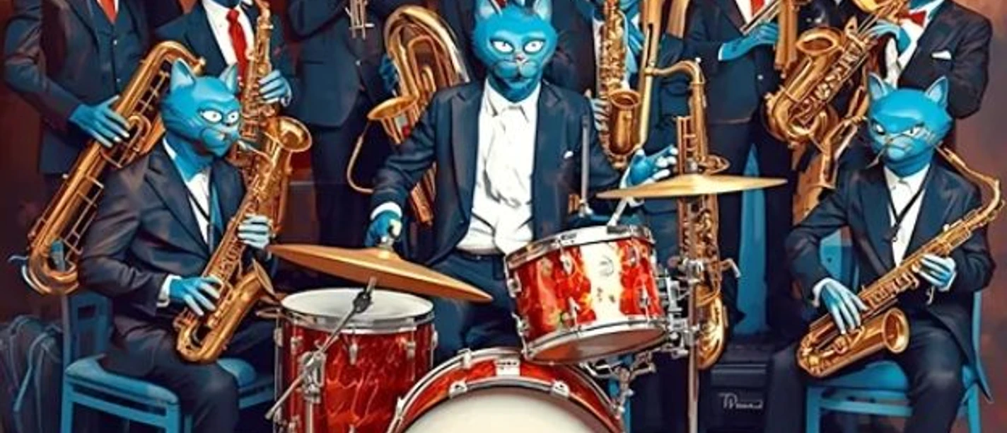 Jazzluft (c) KuKuK e.V..jpg Illustration einer Band bestehend aus blauen Katzen in Anzügen, die verschiedene Musikinstrumente festhalten.