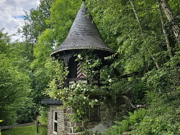 Dornröschen im Märchenwald Altenberg Kleiner Rundturm aus Stein mit spitzem Dach, umgeben von dichtem Wald und rankenden Pflanzen