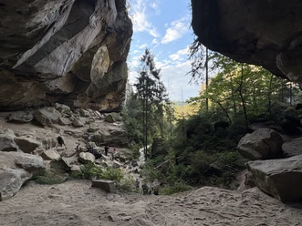 Gautschgrotte Blick aus der Gautschgrotte auf die Felsen seitlich und den blauen Himmel mit Wolken