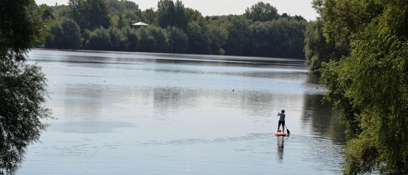 SUP auf dem Salzgittersee_HD_16zu9.JPG Eine Person beim Stand-Up-Paddling auf dem ruhigen Salzgittersee vor grünen Bäumen.