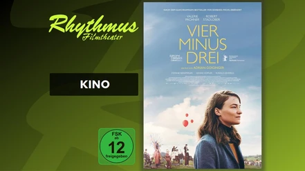 Filmplakat Vier minus drei mit Frau im Profil vor Himmel und rotem Ballon, FSK 12