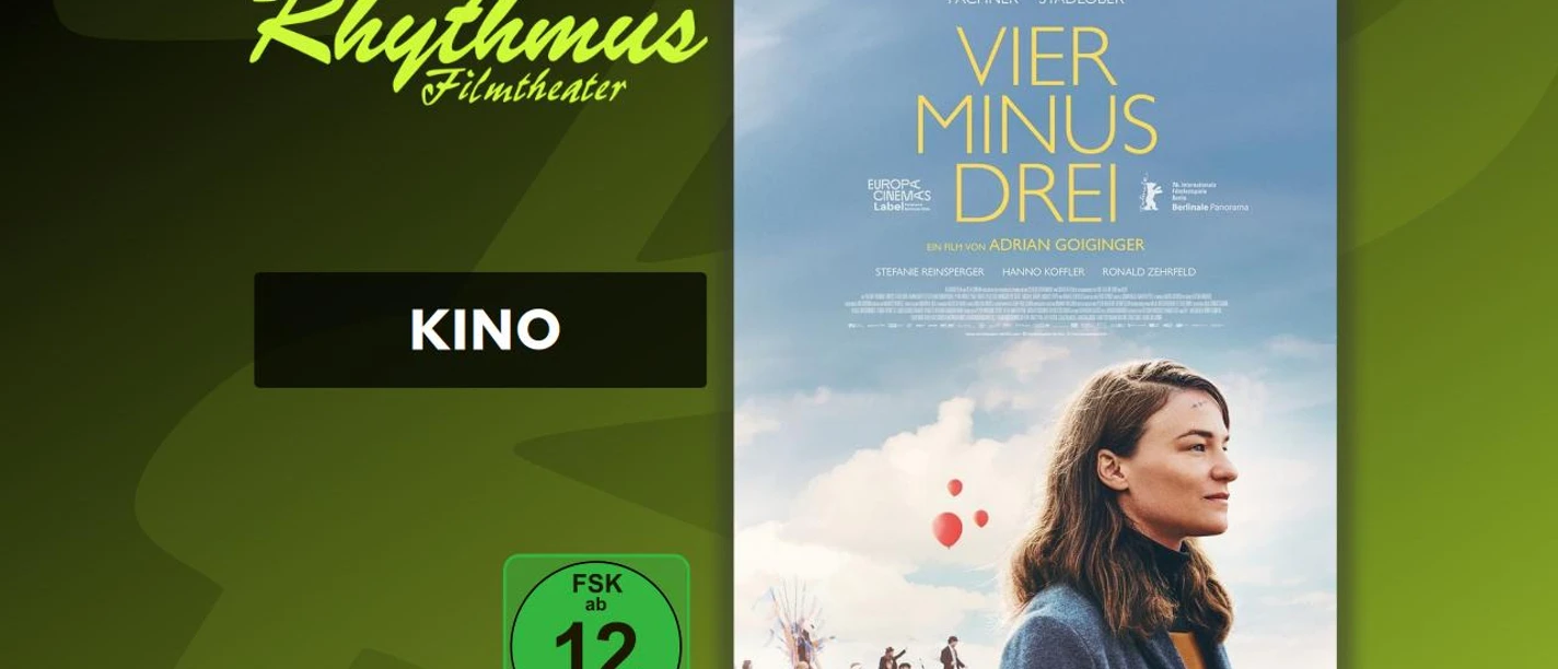 filmplakat-vierminusdrei.jpg Filmplakat Vier minus drei mit Frau im Profil vor Himmel und rotem Ballon, FSK 12
