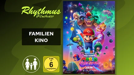 Filmplakat mit Mario und Freunden im Weltall, bunte Galaxie, Bowser im Hintergrund