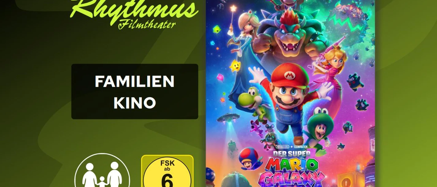 Filmplakat mit Mario und Freunden im Weltall, bunte Galaxie, Bowser im Hintergrund
