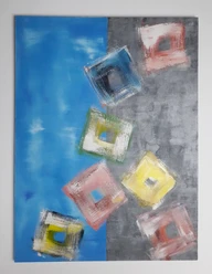 23 re, Weltenbummler II, 2014, 60x80cm, Acryl auf Holz.jpg Hier sehen Sie ein Bild von Maria Rohr im Rahmen ihrer Ausstellung im Kunst Kabinett Hespert. Grundfarben sind blau und grau mit andersfarbigen Quadraten.