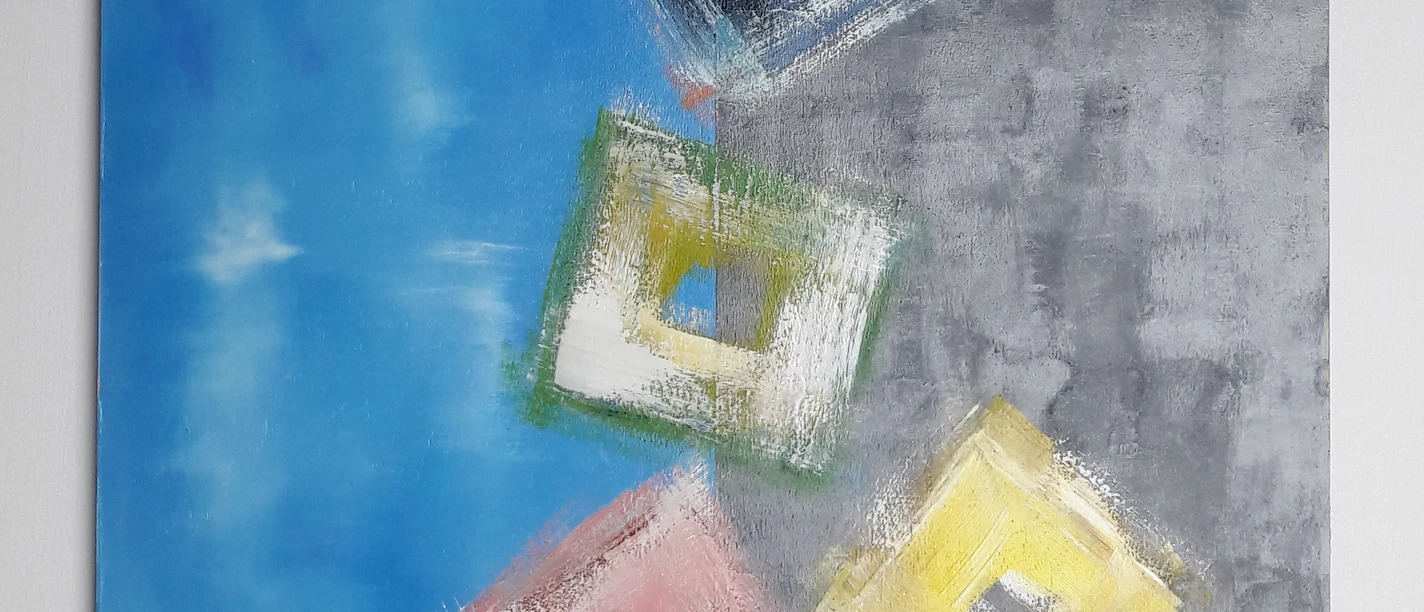 23 re, Weltenbummler II, 2014, 60x80cm, Acryl auf Holz.jpg Hier sehen Sie ein Bild von Maria Rohr im Rahmen ihrer Ausstellung im Kunst Kabinett Hespert. Grundfarben sind blau und grau mit andersfarbigen Quadraten.
