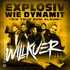Gelb-schwarzes Bandposter mit fünf Musikern und großem Titel zur explosiven Tour