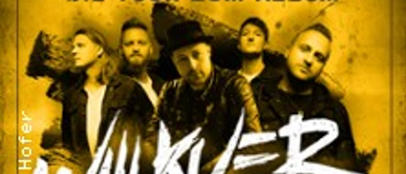 Gelb-schwarzes Bandposter mit fünf Musikern und großem Titel zur explosiven Tour