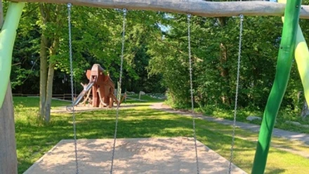 20240625_1737531719402538_WEB.jpg Holzmammut mit Rutsche und Schaukeln davor auf dem Naturspielplatz Plätternweg