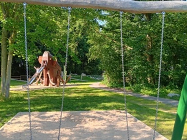 20240625_1737531719402538_WEB.jpg Holzmammut mit Rutsche und Schaukeln davor auf dem Naturspielplatz Plätternweg