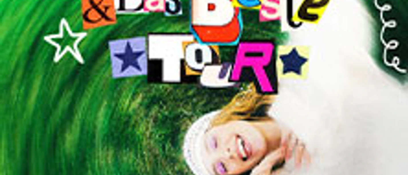 Farbenfrohe Collage mit Tourtitel und lächelnder Person in weißer Mütze vor grünem Wirbel