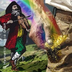 Gezeichneter Geiger neben Regenbogen, aus einer Hand fällt leuchtender Goldstaub