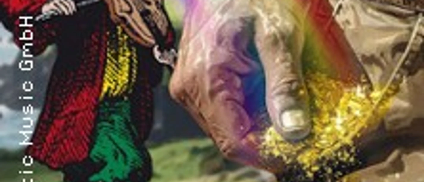 Gezeichneter Geiger neben Regenbogen, aus einer Hand fällt leuchtender Goldstaub