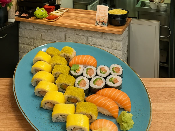 Sushi-Teller mit Lachs-Nigiri und Maki vor Theke mit Winkekatzen-Dekor