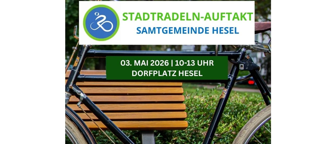 Fahrradaktionstag (1290 x 790 px) (1).jpg Ein Fahrrad an einer Bank. Der Text lädt Dich zum Stadtradeln-Auftakt in Hesel ein.