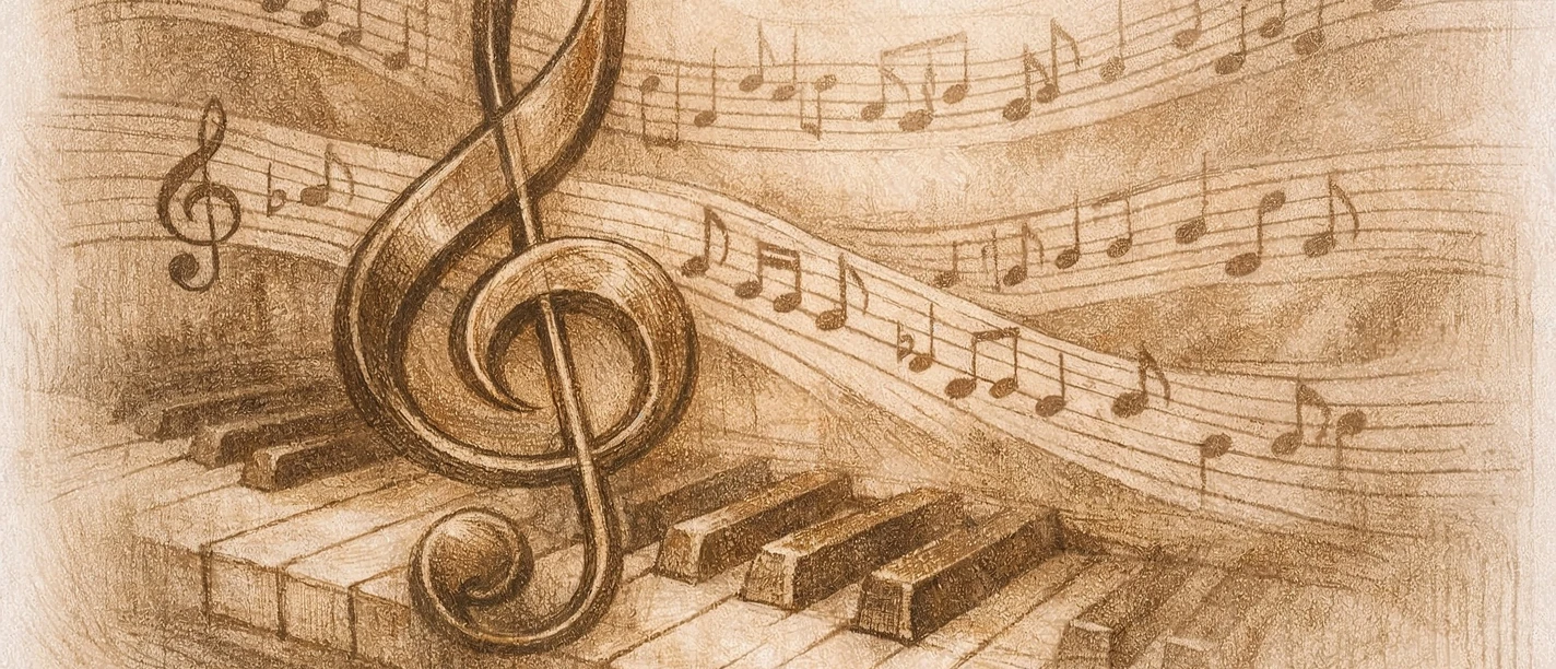 Musik | Beispielbild Notenschlüssel und Klavier