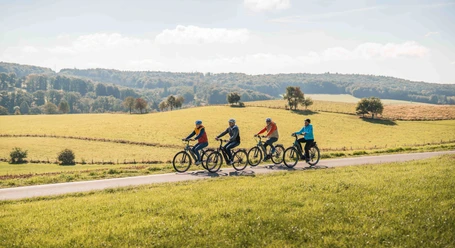 Radtour im Bergischen Vier Radfahrer fahren auf einer Landstraße durch weite Wiesen vor sanften bewaldeten Hügeln