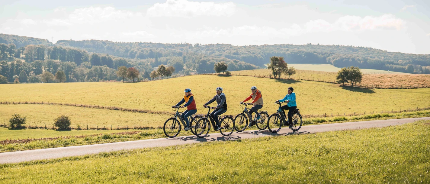 Radtour im Bergischen Vier Radfahrer fahren auf einer Landstraße durch weite Wiesen vor sanften bewaldeten Hügeln