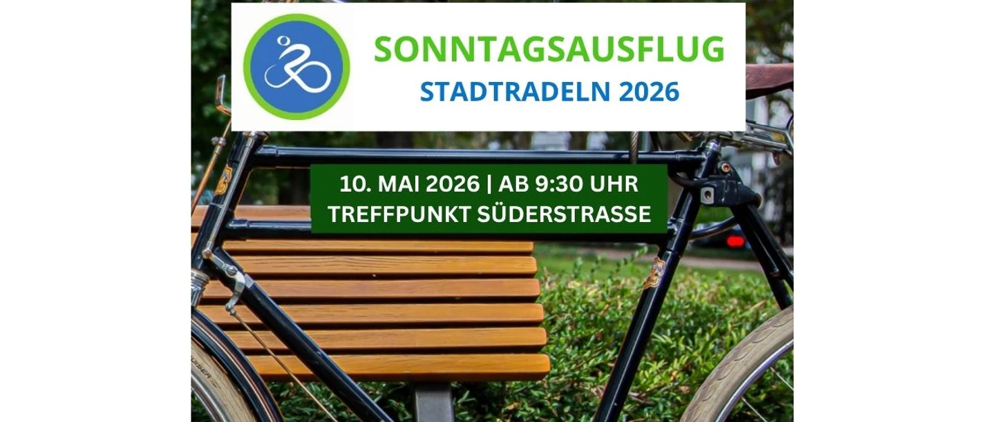 Fahrradaktionstag (1290 x 790 px) (5).jpg Fahrrad vor einer Holzbank. Ein Text lädt Dich zum Stadtradeln am 10. Mai ein.