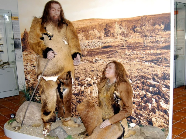 Ausstellung_Neandertaler_Salder_HD_16zu9.jpg Zwei lebensgroße Neandertaler-Figuren in Tierfellen vor einem Landschaftsbild im Museum.