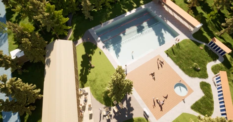 Visualisierung Waldschwimmbad Reckingen Gesamtansicht Freiluftbad mit großem Becken, Holzdeck, Kinderbereich und umliegenden Grünflächen