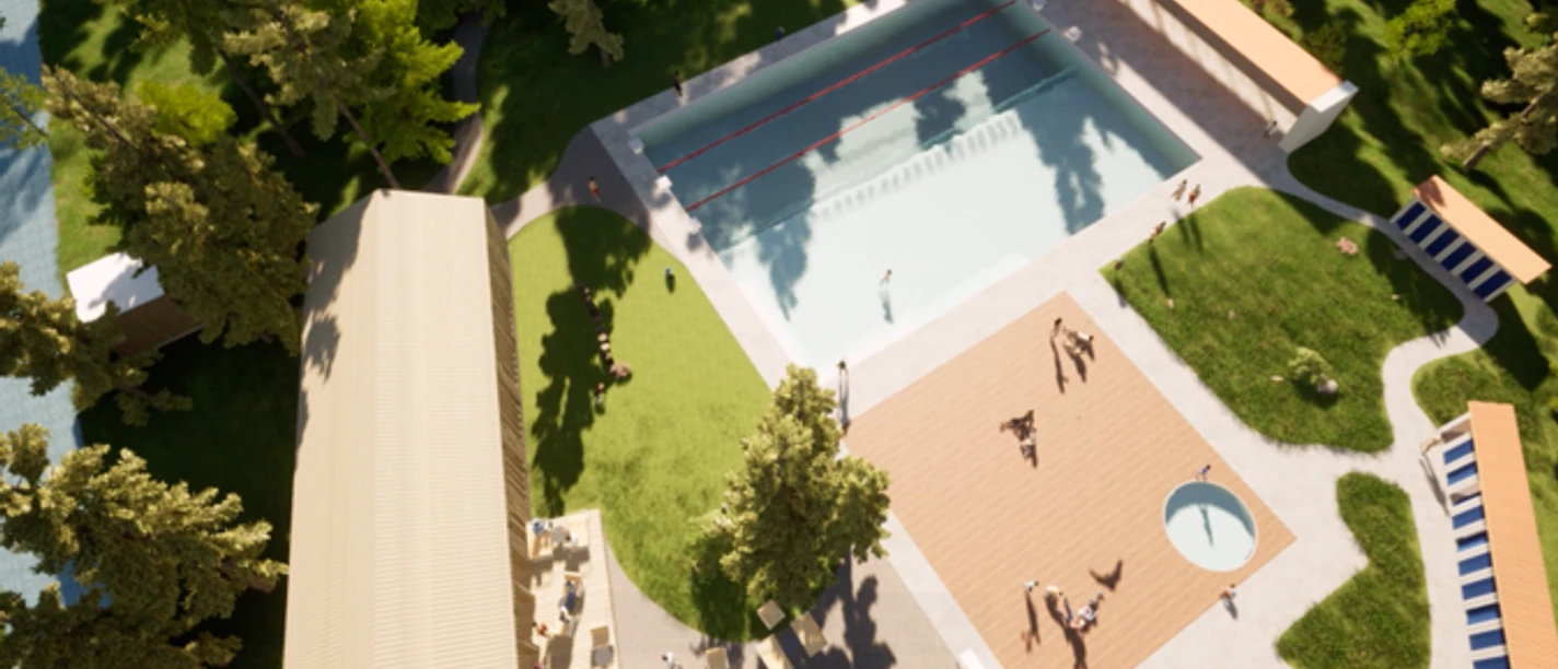 Visualisierung Waldschwimmbad Reckingen Gesamtansicht Freiluftbad mit großem Becken, Holzdeck, Kinderbereich und umliegenden Grünflächen