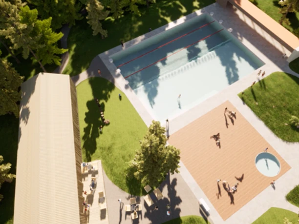 Visualisierung Waldschwimmbad Reckingen Gesamtansicht Freiluftbad mit großem Becken, Holzdeck, Kinderbereich und umliegenden Grünflächen