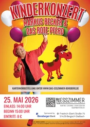 Kinderkonzert Bunte Konzertgrafik mit fröhlicher Figur in Rot, Luftballons und einem roten Cartoon-Pferd