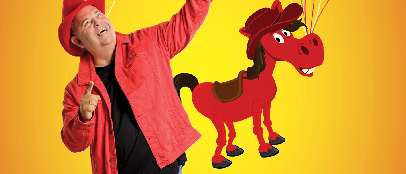 Kinderkonzert Bunte Konzertgrafik mit fröhlicher Figur in Rot, Luftballons und einem roten Cartoon-Pferd