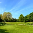 Grüner Golfplatz mit Fairway, kleinem Steg und altem Baumbestand unter blauem Himmel