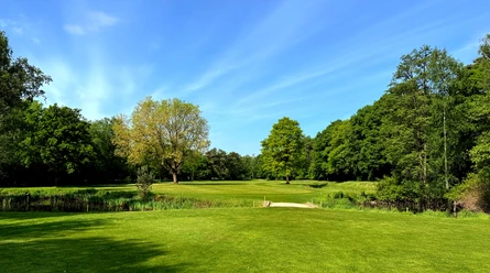 Golf-Club GT Grüner Golfplatz mit Fairway, kleinem Steg und altem Baumbestand unter blauem Himmel