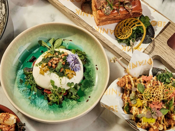 Bar Botanik Table with creative dishes, drinks and colorful garnishes in a modern bar atmosphere