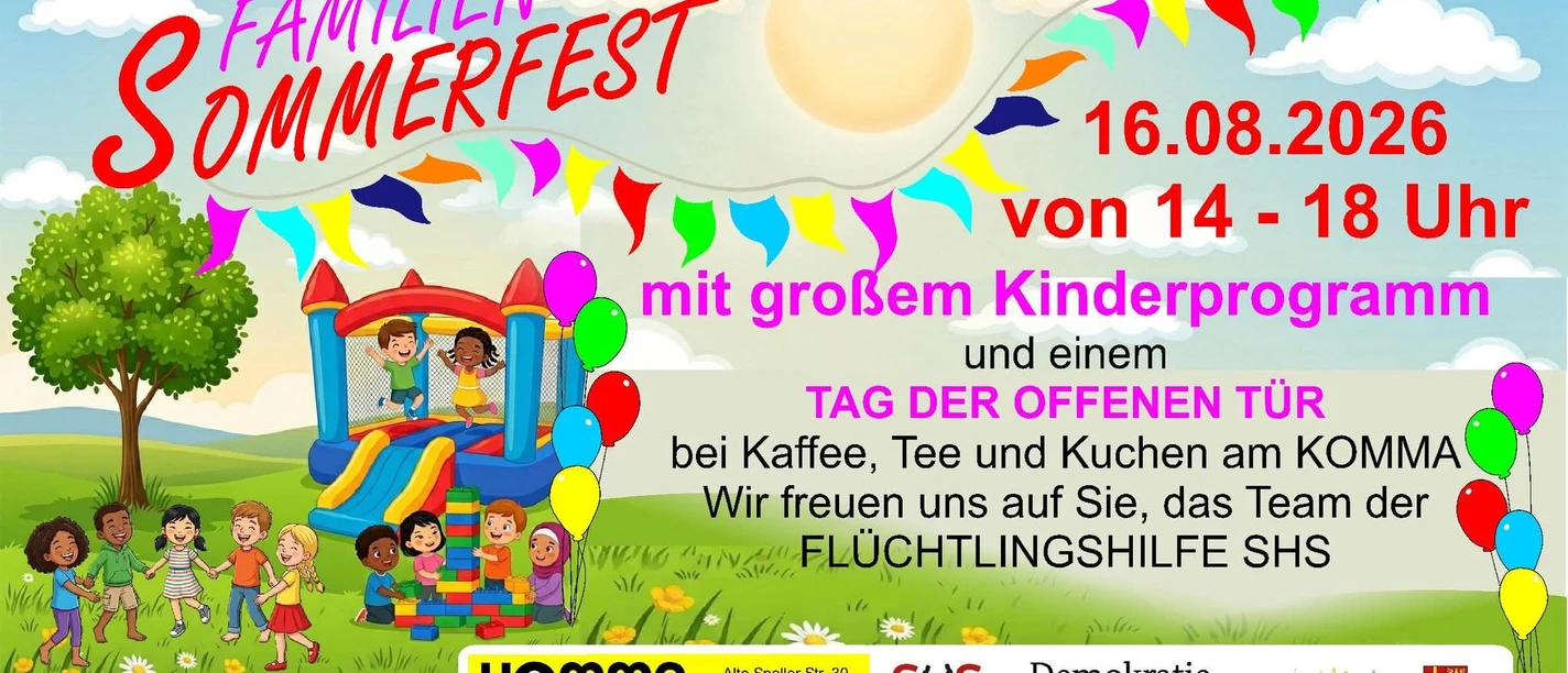 1000229147.jpg Plakat zum Familien-Sommerfest mit Hüpfburg, Kindern, Datum 16.08.2026 und Programmhinweisen