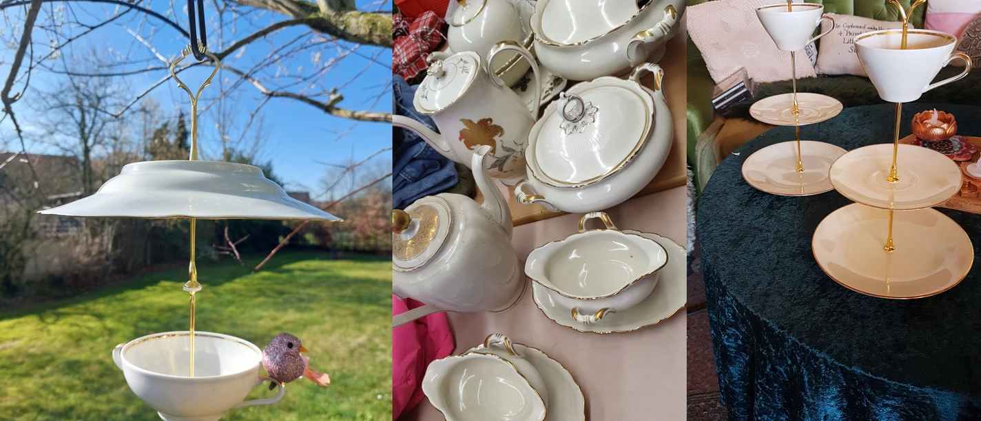 Vogelfutterstation oder Etagere: Im Workshop von Lena Dambor entsteht Neues aus altem Porzellan Vogelfutterstation im Garten, gebaut aus einem alten Porzellanteller als Dach und einer alten Suppenstasse als Futterhalter