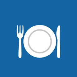Icon Gastronomie Auf blauem Hintergrund ist Besteck und ein Teller abgebildet.
