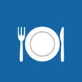 Icon Gastronomie Auf blauem Hintergrund ist Besteck und ein Teller abgebildet.