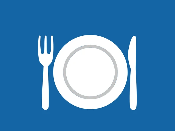 Icon Gastronomie Auf blauem Hintergrund ist Besteck und ein Teller abgebildet.