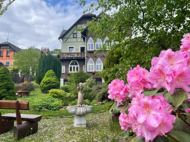 Margaretenhof Gohrisch Außenansicht Blühende rosa Rhododendren im Vordergrund, im Hintergrund ein Garten mit Bäumen und einem Haus.