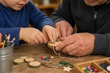Holz-Kreativ-Kurs Enkel mit Opa Ein Kind und ein älterer Mann basteln gemeinsam mit Holzscheiben und bunten Perlen.