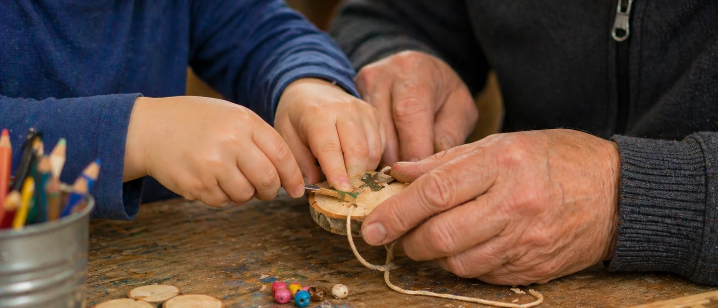 Holz-Kreativ-Kurs Enkel mit Opa Ein Kind und ein älterer Mann basteln gemeinsam mit Holzscheiben und bunten Perlen.