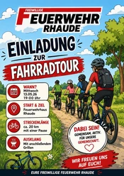 Fahrradtour der Feuerwehr Rhaude Einladungsposter der Feuerwehr Rhaude zur Fahrradtour. Vier Radler auf einem Weg.