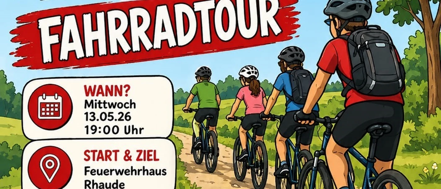 Fahrradtour der Feuerwehr Rhaude Einladungsposter der Feuerwehr Rhaude zur Fahrradtour. Vier Radler auf einem Weg.