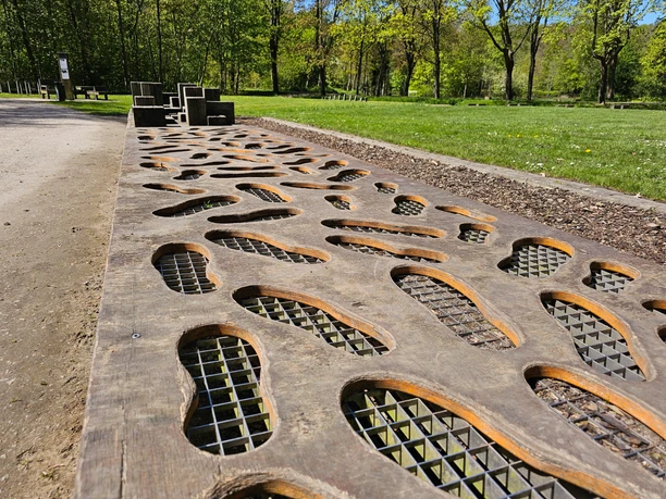 Gesundheitspark Speckenbüttel 20260429_131048 (c) Tanja Mehl_Erlebnis Bremerhaven_WEB.jpg Flaches Holzbrett mit fußförmigen Aussparungen und Metallgittern auf einem Rasen im grünen Park.