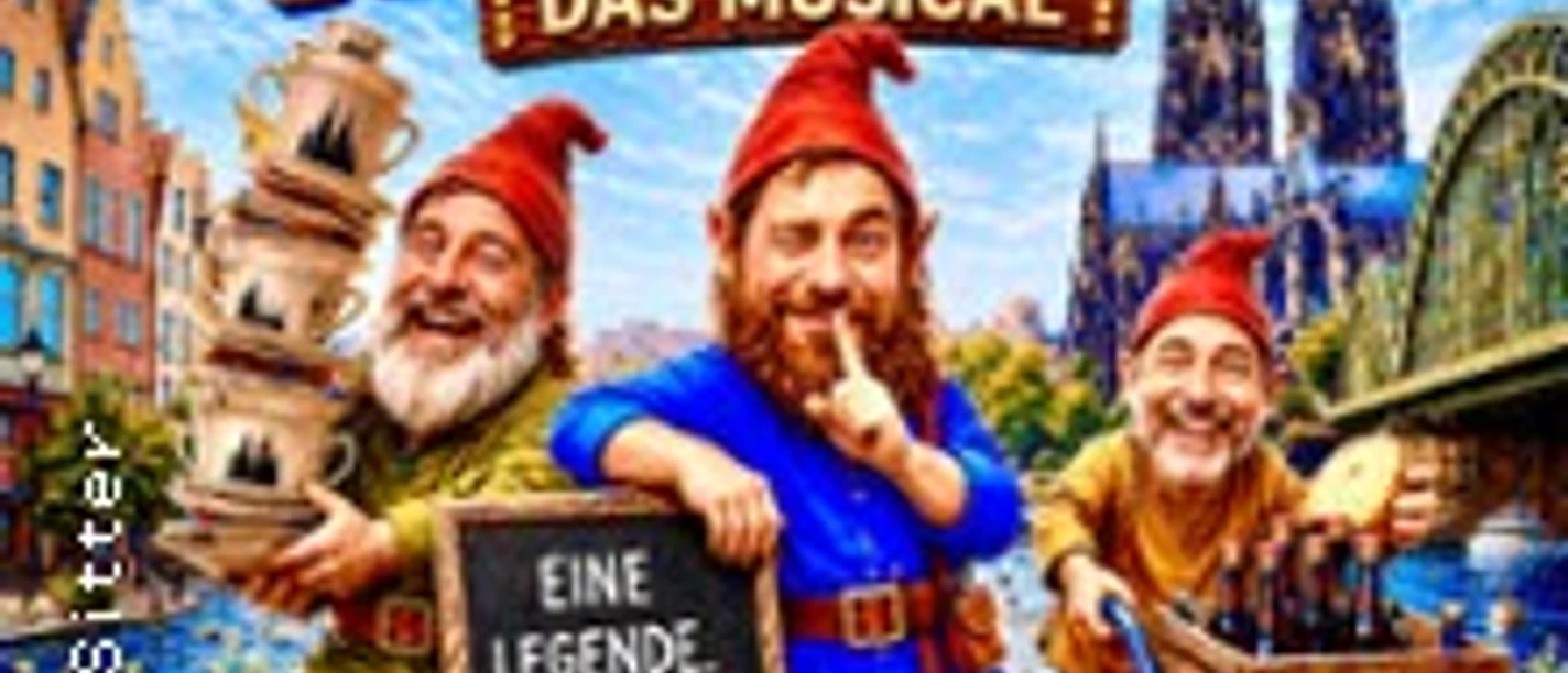 Drei Heinzelmännchen vor Kölner Kulisse mit Dom und Schild zum kölschen Musical