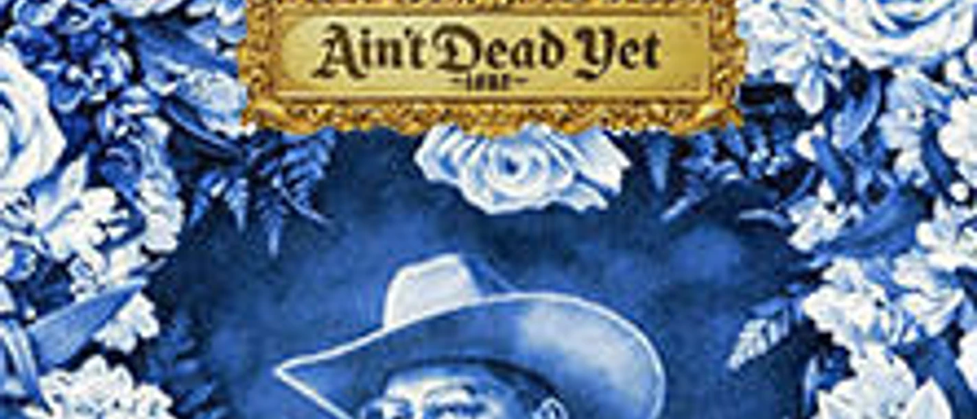 Blaues Albumcover mit floralen Mustern und gezeichneter Person mit Cowboyhut in der Mitte.