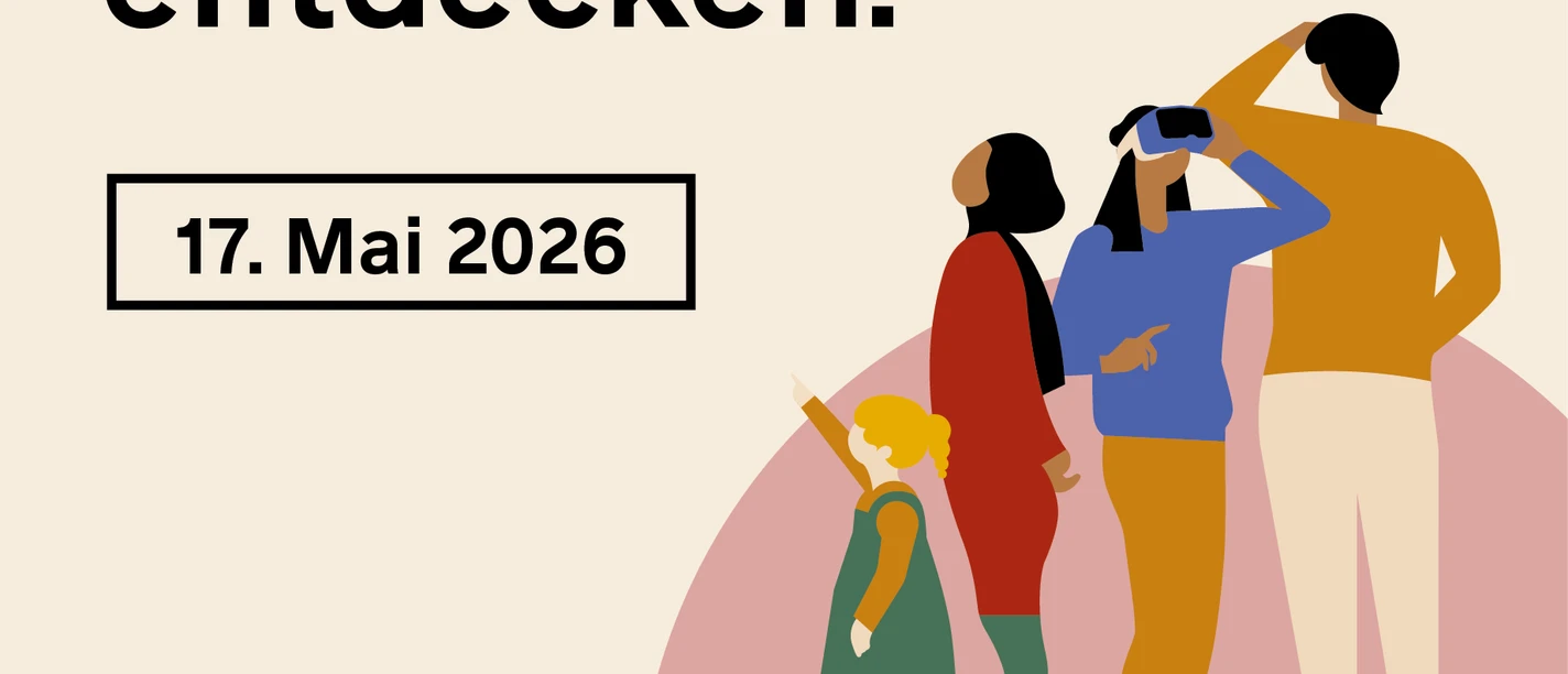 Internationaler Museumstag Plakat: Internationaler Museumstag 17. Mai 2026. Vier Personen entdecken mit Freude Museen.