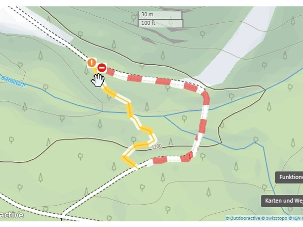 Beim Alpboden ist der Weg infolge Unterhaltsarbeiten bis am 26.06.26 gespertt. Es kann jedoch der gelben Route gefolgt werden (siehe Bild)